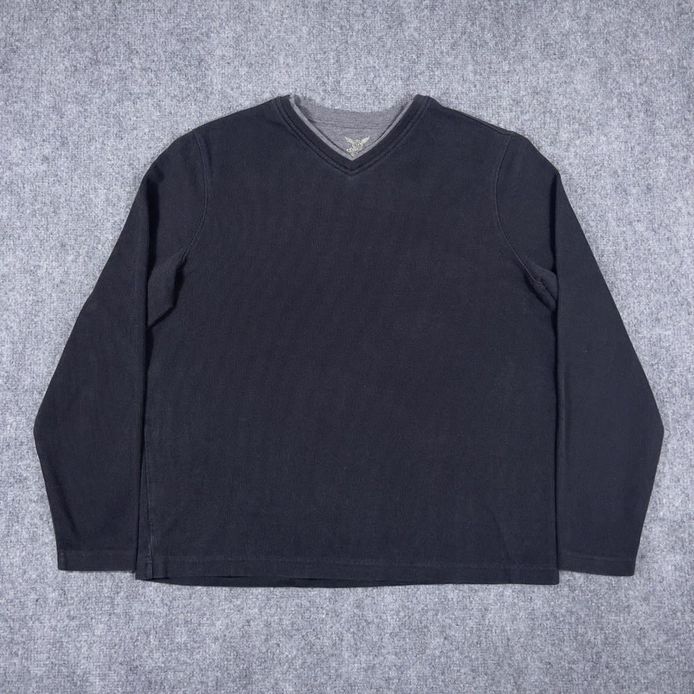 Faded Glory Thermal Shirt Mens L Black Grey Double V-Neck Ribbed Long Sleeve